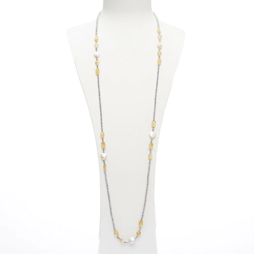 Lange ketting in Citrien en Parels, met Hematiet