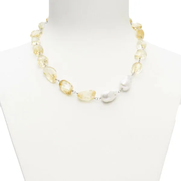 Collana Girocollo rilegato in argento, in Citrino e Perle