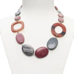 Collana corta in Rodonite, Quarzo Grigio ed Occhio di gatto, con Corno