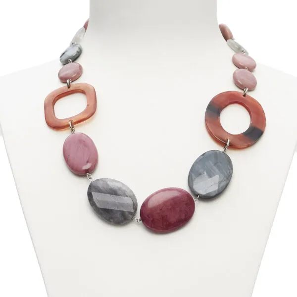 Collana corta in Rodonite, Quarzo Grigio ed Occhio di gatto, con Corno