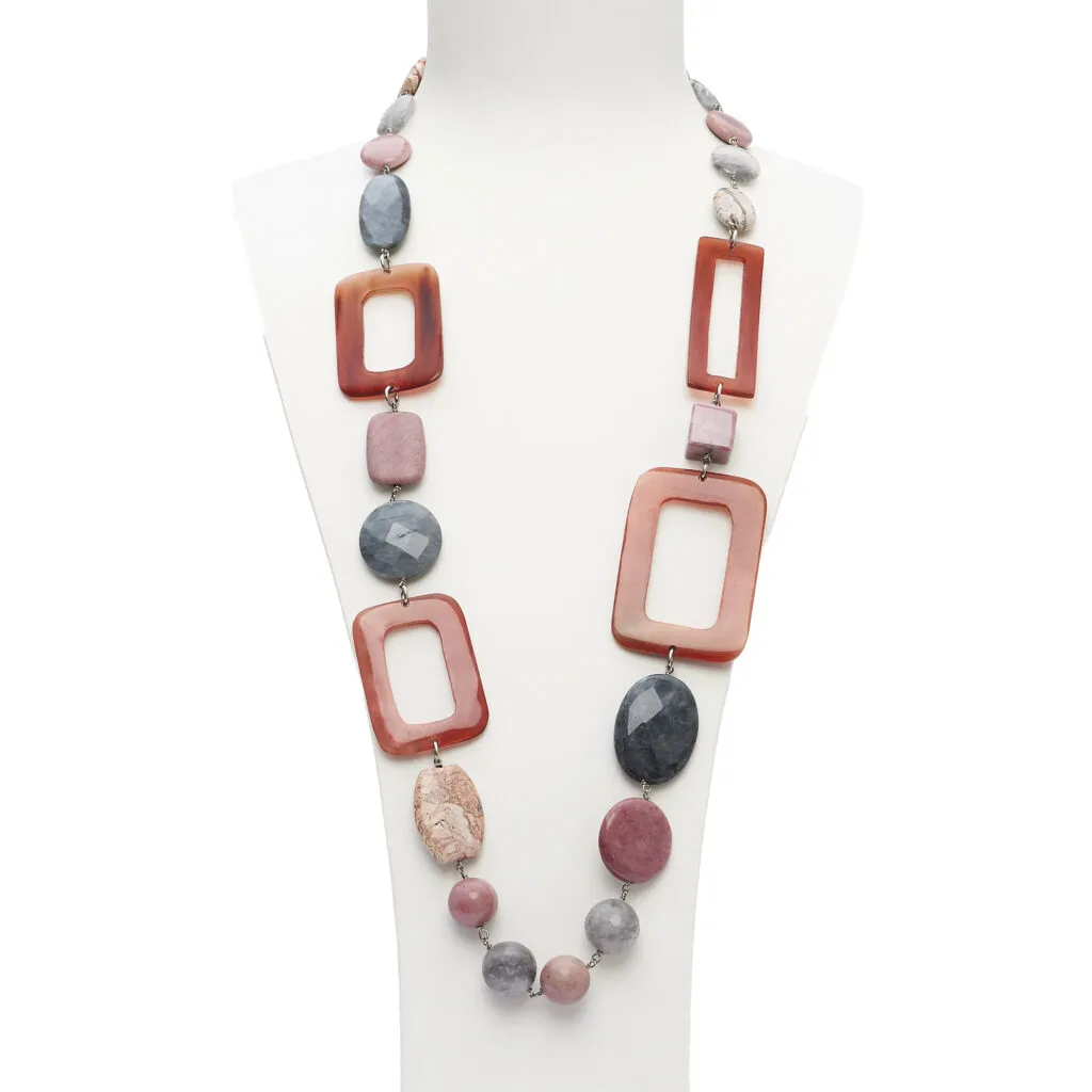 Collana media in Rodonite, Quarzo Grigio ed Occhio di gatto, con Corno