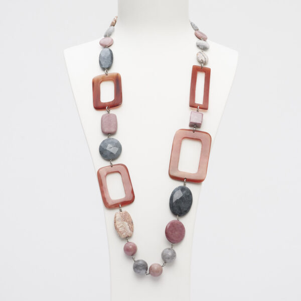 Collana media in Rodonite, Quarzo Grigio ed Occhio di gatto, con Corno
