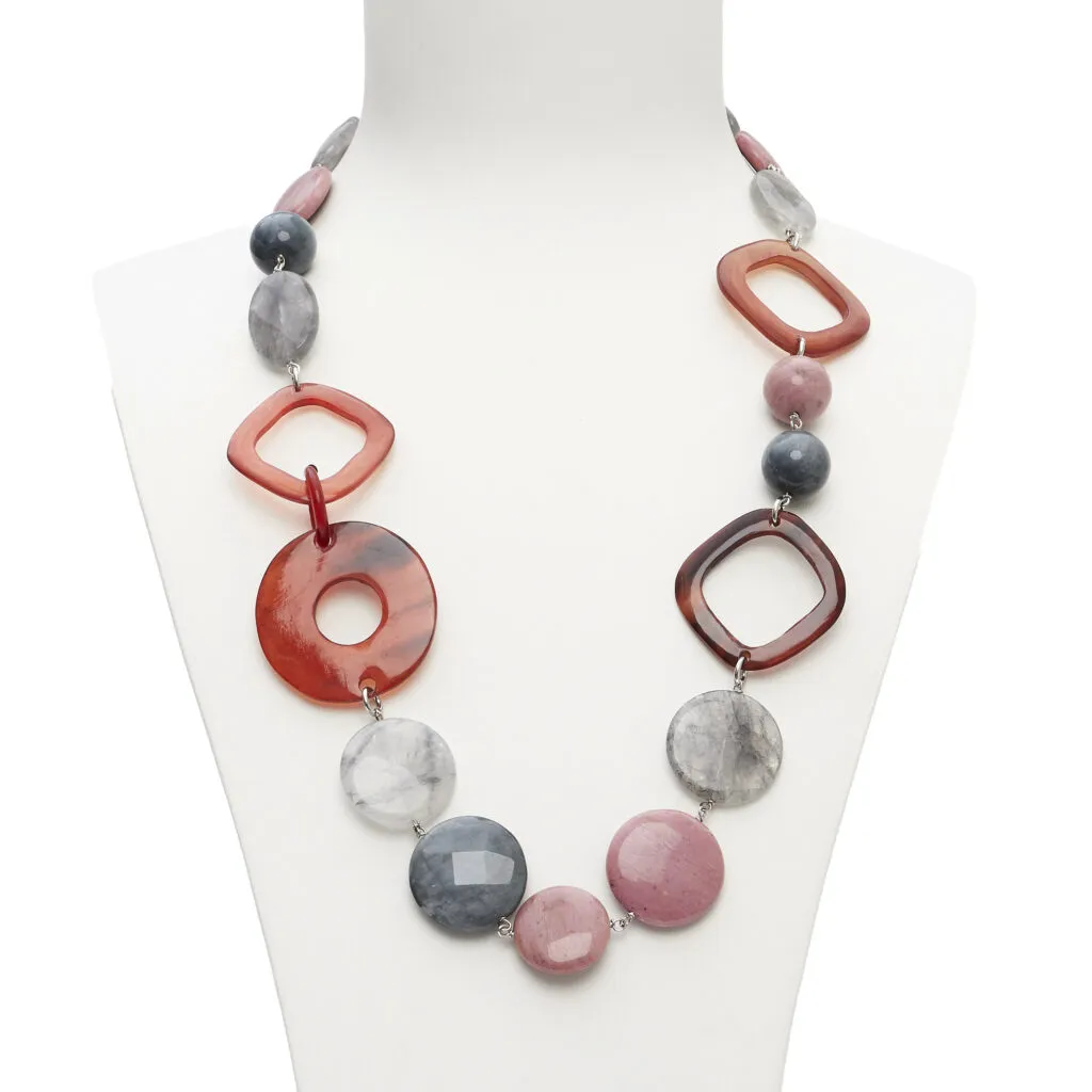 Collana media in Rodonite, Quarzo Grigio ed Occhio di gatto, con forme in Corno