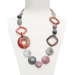 Collana media in Rodonite, Quarzo Grigio ed Occhio di gatto, con forme in Corno