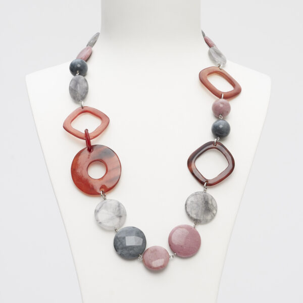 Collana media in Rodonite, Quarzo Grigio ed Occhio di gatto, con forme in Corno