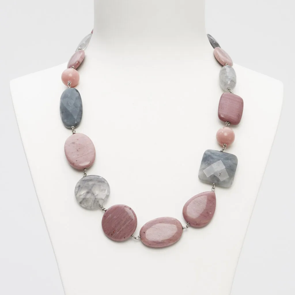 Collana media in Rodonite, Quarzo Grigio ed Occhio di gatto