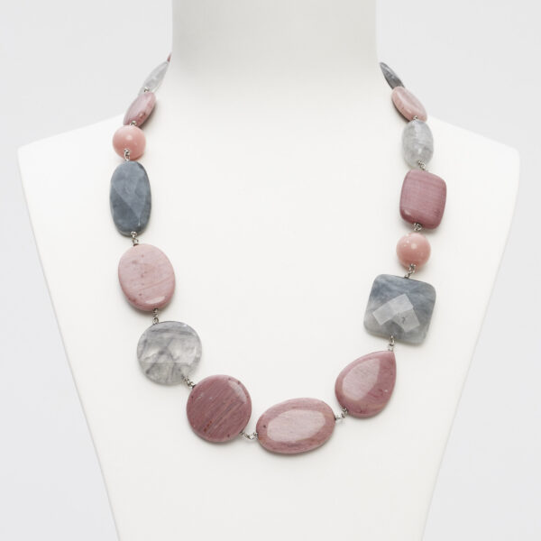 Collana media in Rodonite, Quarzo Grigio ed Occhio di gatto
