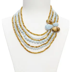 Collana a sette fili in Acquamarina e Golden Eye, con composizione laterale artigianale in Argento