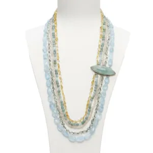 Collana a cinque fili in Acquamarina, Prasiolite, Quarzo rosa e Quarzo Citrino, con composizione laterale artigianale in Argento