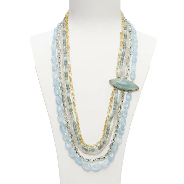 Collana a cinque fili in Acquamarina, Prasiolite, Quarzo rosa e Quarzo Citrino, con composizione laterale artigianale in Argento