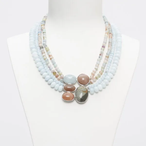 Collana a tre fili in Acquamarina e Morganite, con composizione centrale artigianale in Argento