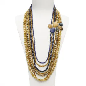 Collana a sette fili in Golden Eye, Dumortierite e Sodalite, con composizione laterale artigianale in Argento