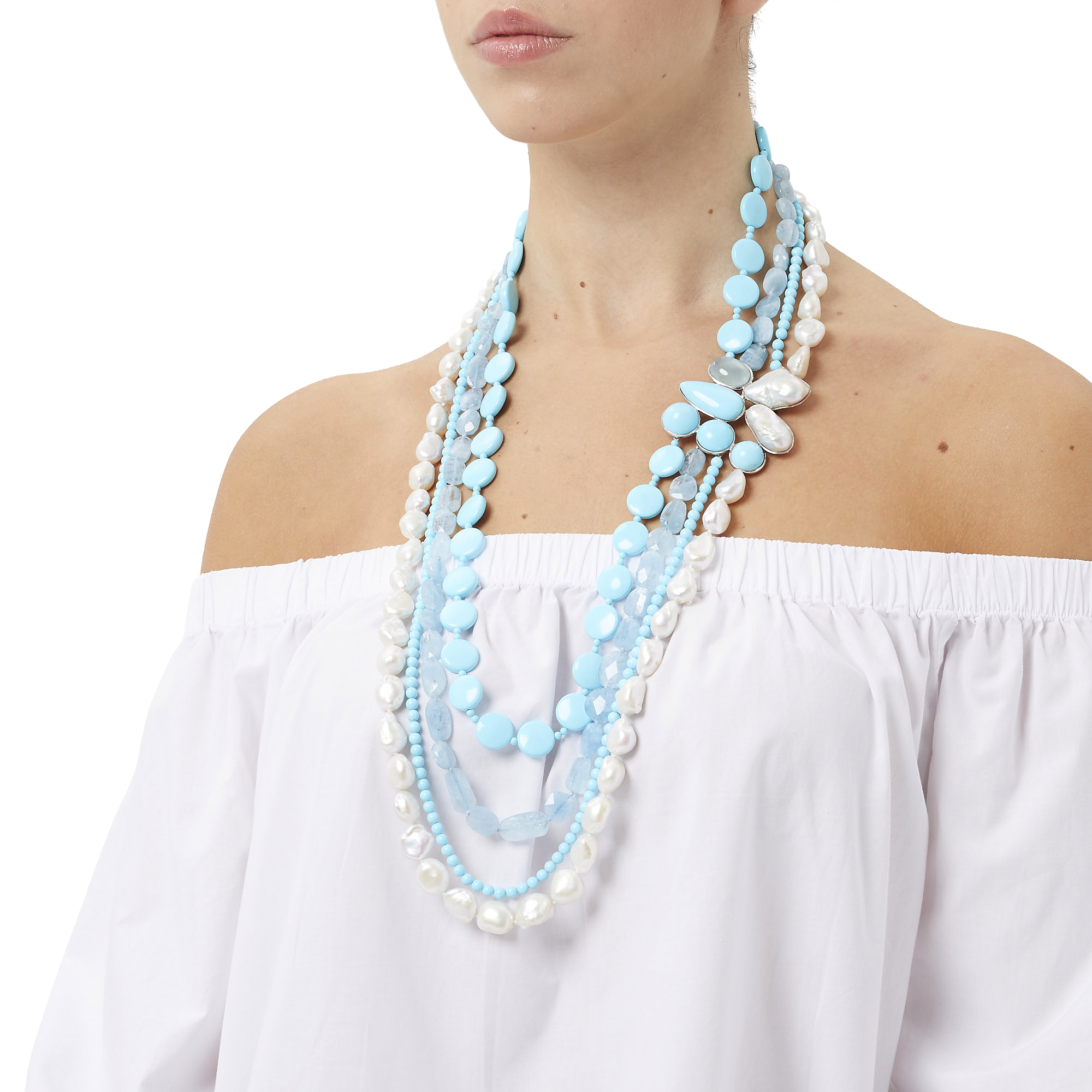 Avalaya Collana Lunga Con Perline In Legno Sfumate Blu E Turchese - Regolabile, Stile Boho