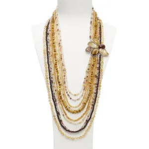 Collana a dieci fili in Citrino, Occhio di Bue, Quarzo Ematoide Giallo e Golden eye, con composizione laterale artigianale in Argento