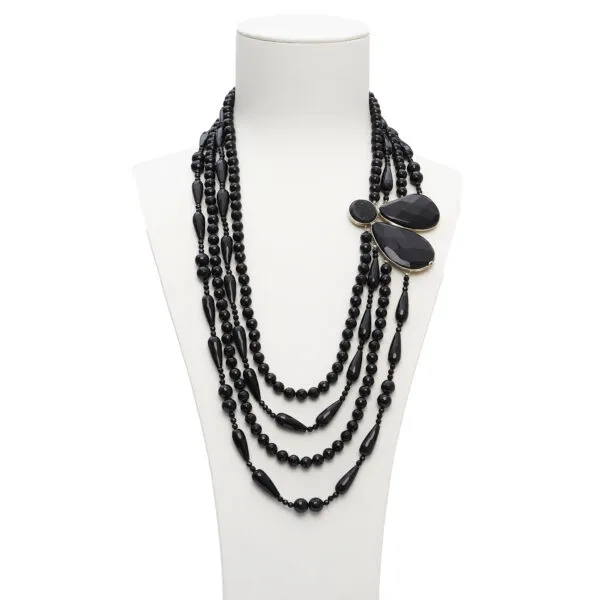 Collana a quattro fili in forme di Agata Nera, con composizione laterale artigianale in Argento