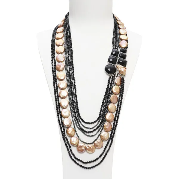 Collana ad otto fili in Agata nera, Ematite e Perle dorate, con composizione laterale artigianale in Argento