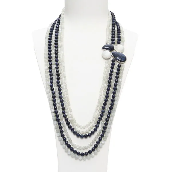 Collana a sei fili in Dumortierite, e Pietra di luna bianca con composizione laterale artigianale in Argento