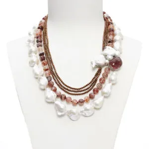 Collana a cinque fili in Quarzo Ematoide, Perle Barocche ed Ematite, con composizione laterale artigianale in Argento