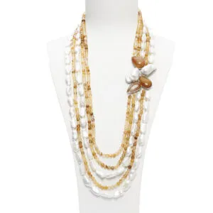 Collana a cinque fili in Quarzo Ematoide Giallo e Perle, con composizione laterale artigianale in Argento