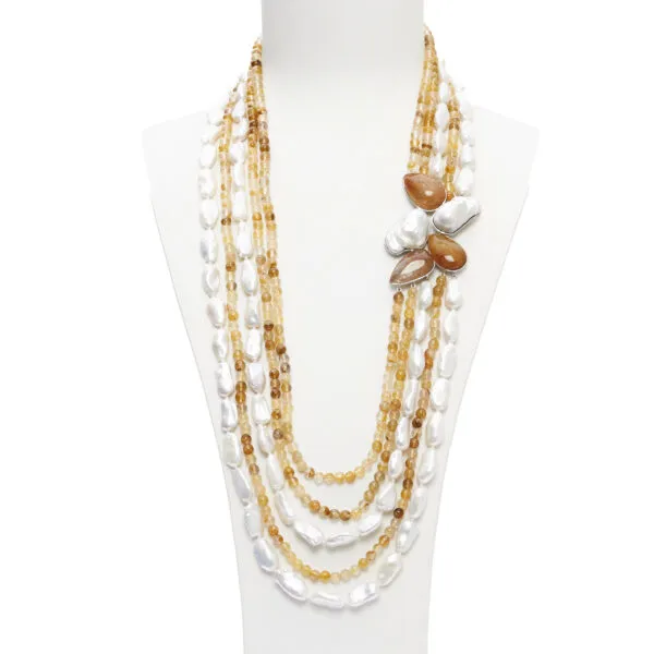 Collana a cinque fili in Quarzo Ematoide Giallo e Perle, con composizione laterale artigianale in Argento