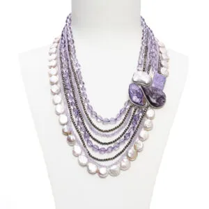 Collana a fili multipli in Ematite, Ametista e Perle con laterale in argento, Sugillite e Perle
