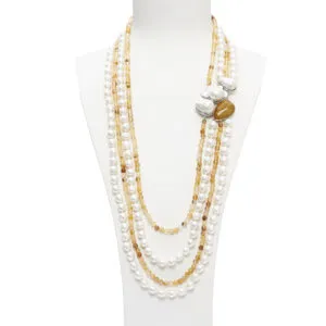 Collana a quattro fili in Quarzo Ematoide Giallo e Perle, con composizione laterale artigianale in Argento