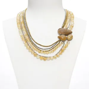 Collana a sei fili in Quarzo Ematoide Giallo ed Ematite, con composizione laterale artigianale in Argento