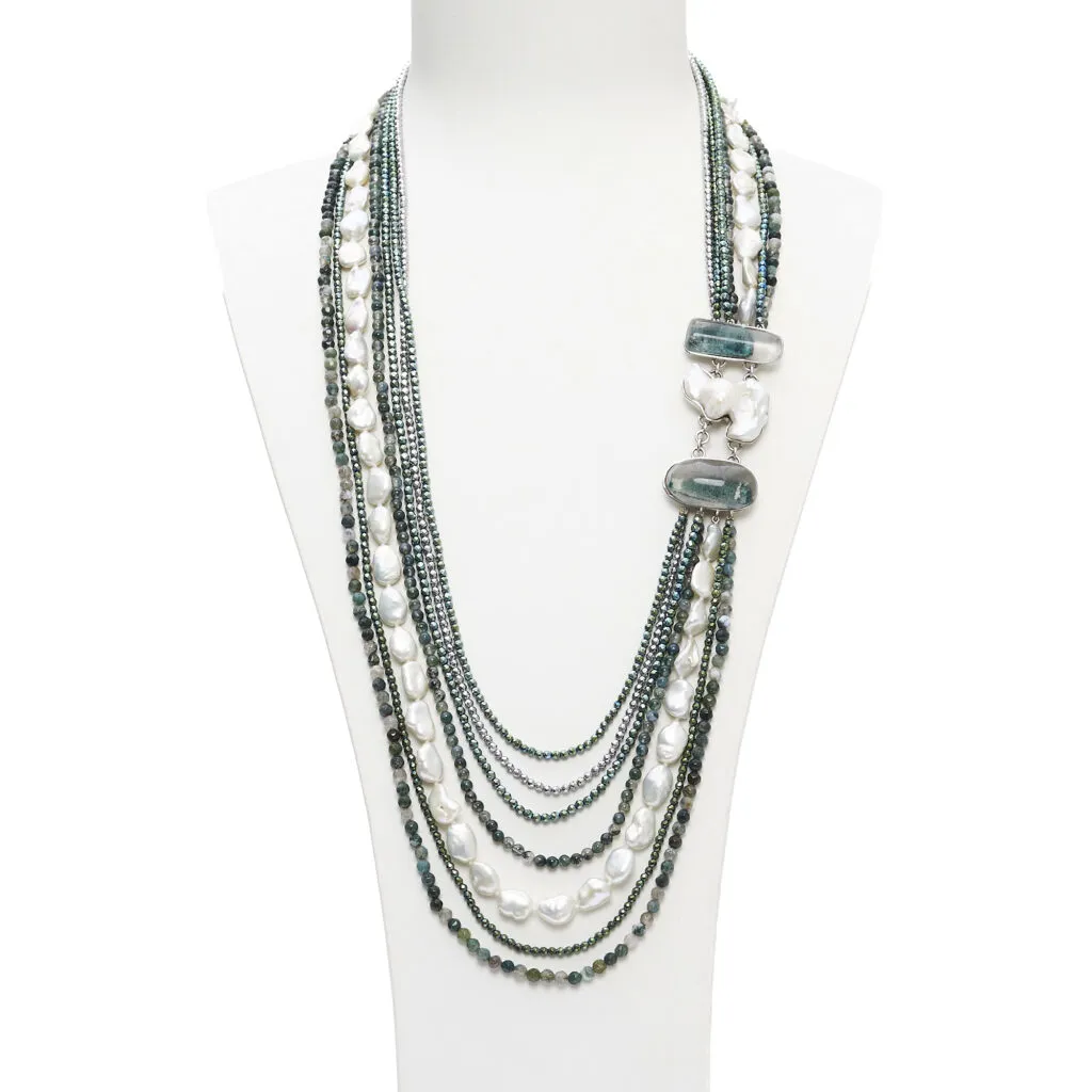 Collana a sette fili in Agata Muschiata, Ematite e Perle, con composizione laterale artigianale in Argento