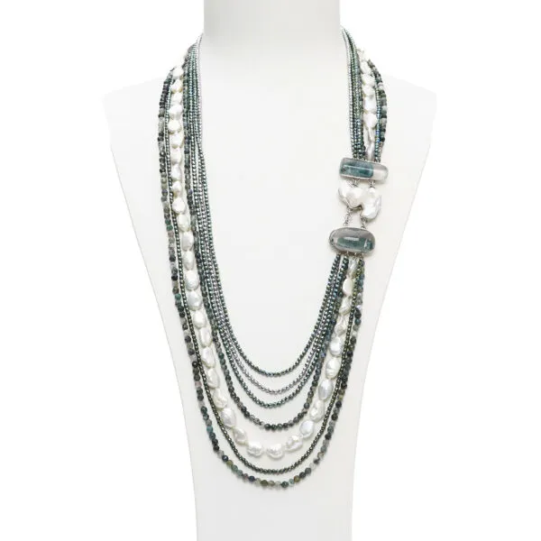 Collana a sette fili in Agata Muschiata, Ematite e Perle, con composizione laterale artigianale in Argento