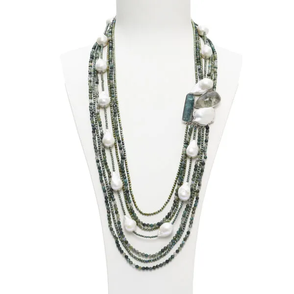 Collana a sette fili in Agata Muschiata, Ematite verde e Perle, con composizione laterale artigianale in Argento