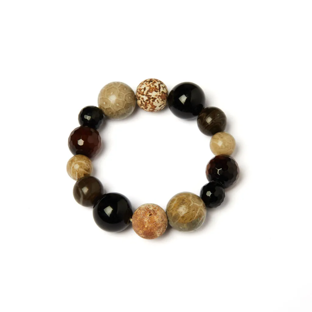 Bracciale Elastico in Corallo Fossile, Agata Satinata ed Agata Nera