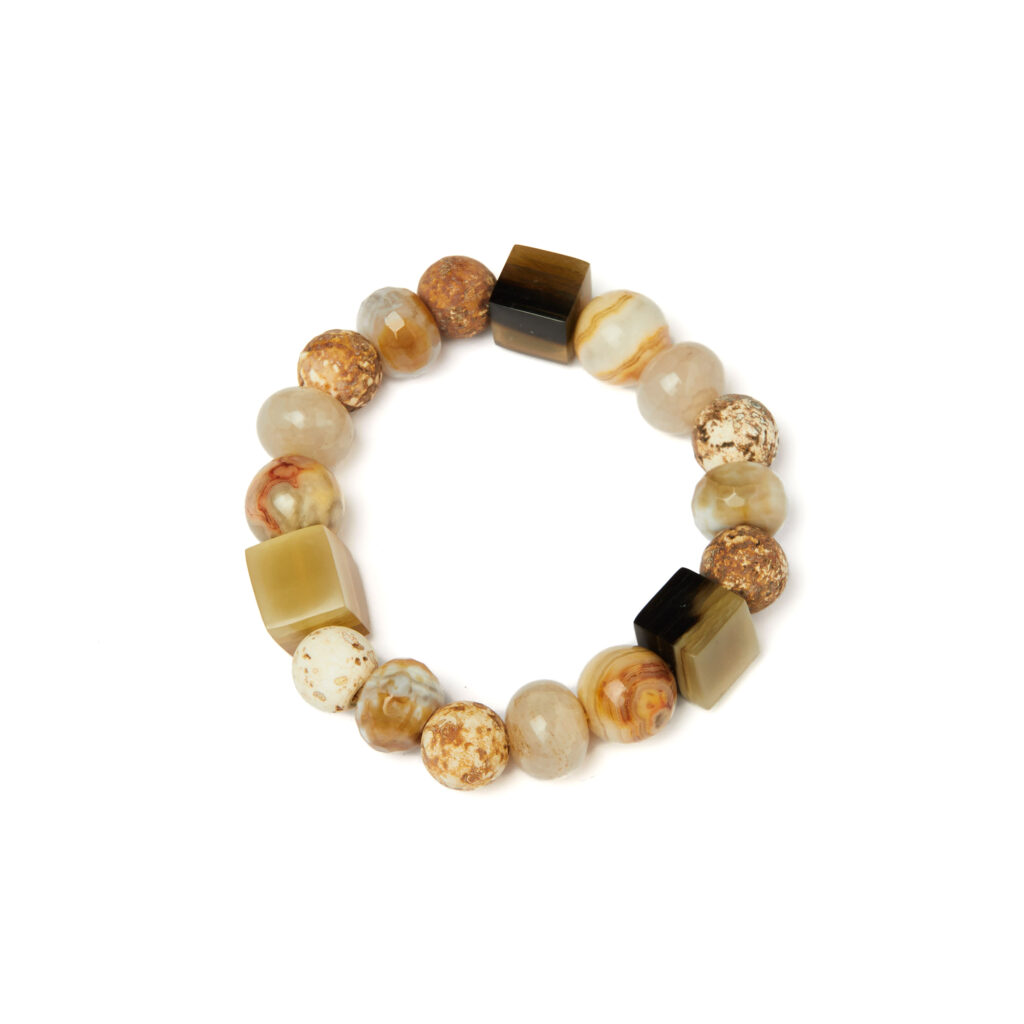 Bracciale Elastico in Agata Naturale, Agata Satinata e Corno