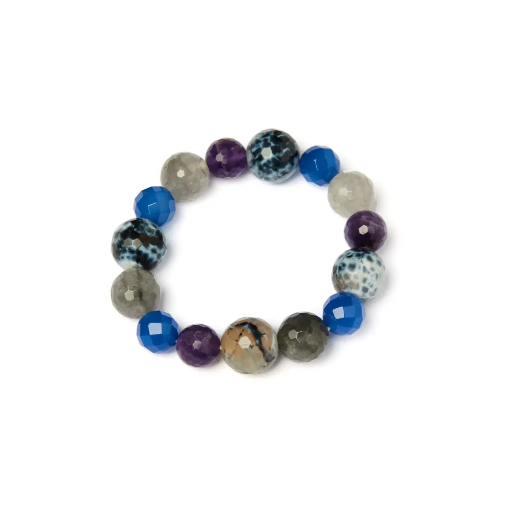 Bracciale Elastico in Agata blu, Agata Dendritica, Quarzo Grigio