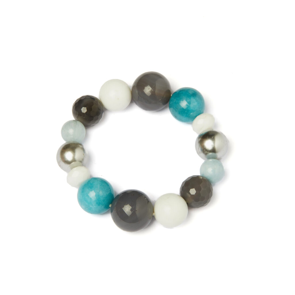 Bracciale Elastico in Quarzo Azzurro, Agata Bianca Perle Shell ed Agata Grigia