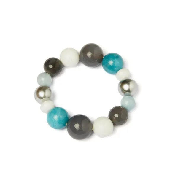 Bracciale Elastico in Quarzo Azzurro, Agata Bianca Perle Shell ed Agata Grigia