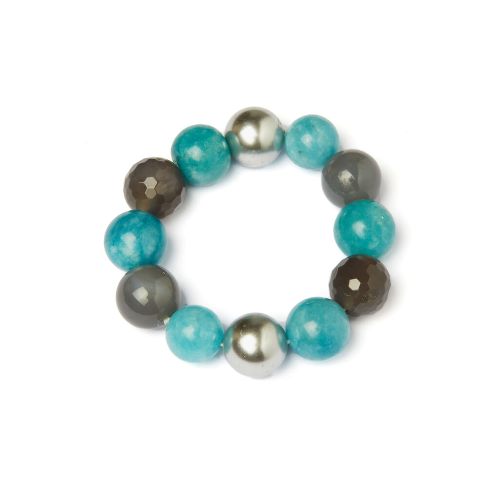 Bracciale Elastico in Quarzo Azzurro, Perle Shell ed Agata Grigia