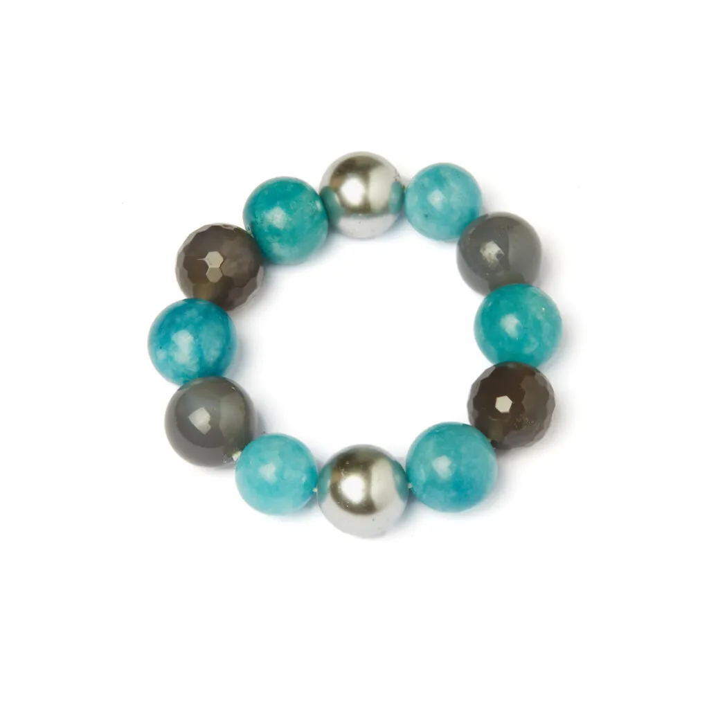Bracciale Elastico in Quarzo Azzurro, Perle Shell ed Agata Grigia