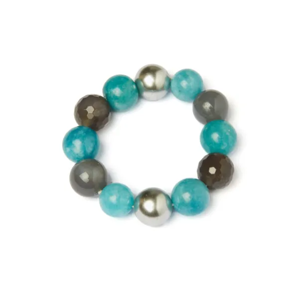 Bracciale Elastico in Quarzo Azzurro, Perle Shell ed Agata Grigia