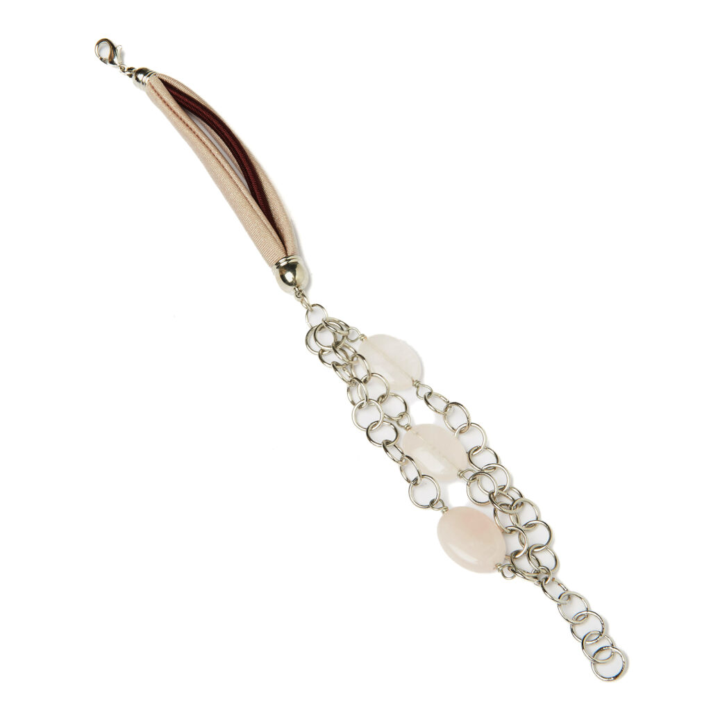 Bracciale multifilo in cotone, con catena in metallo e Quarzo Rosa