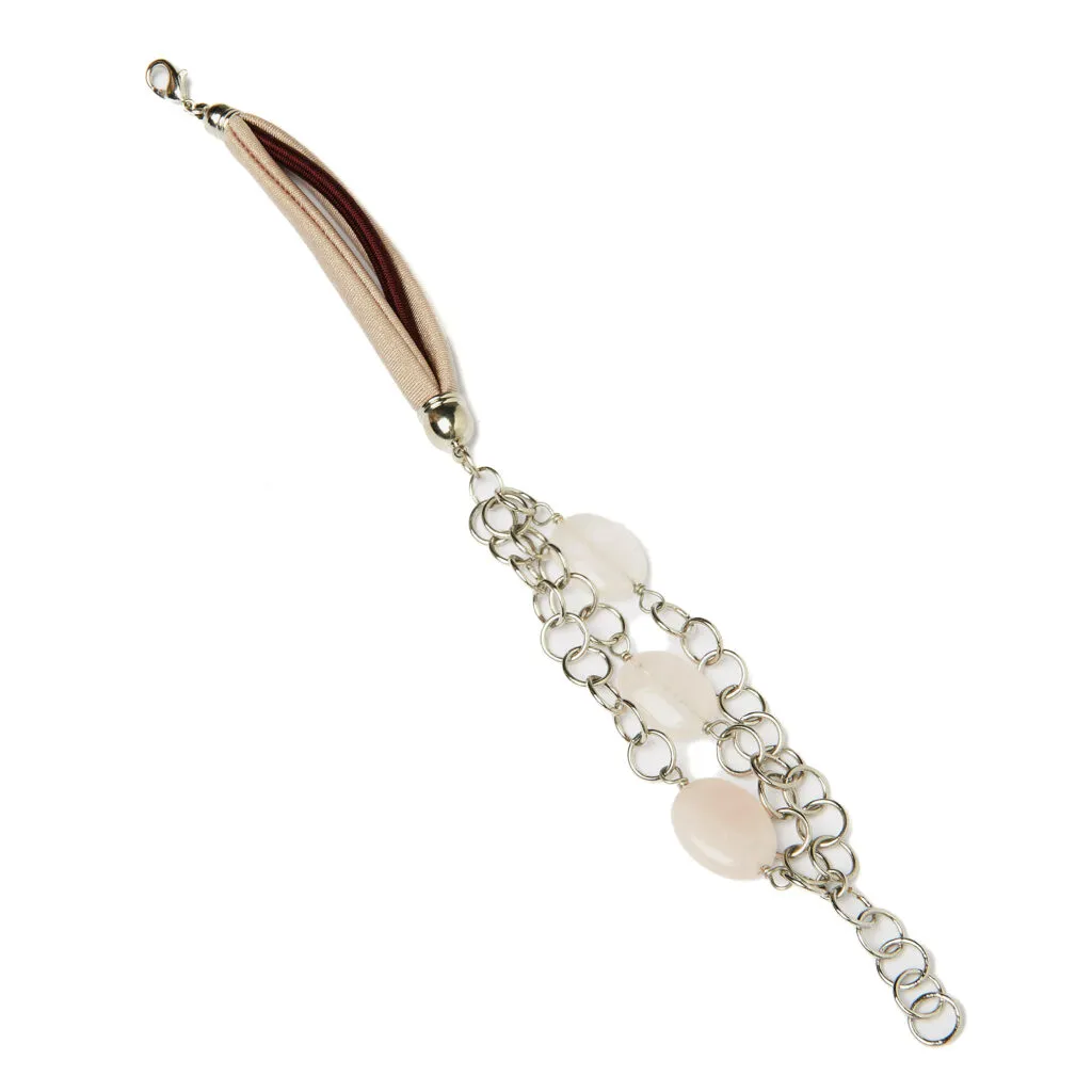 Bracciale multifilo in cotone, con catena in metallo e Quarzo Rosa