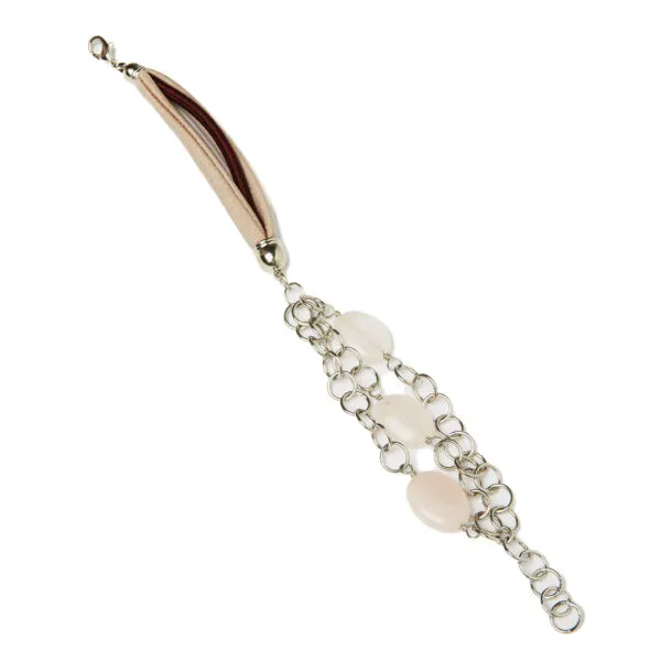 Bracciale multifilo in cotone, con catena in metallo e Quarzo Rosa