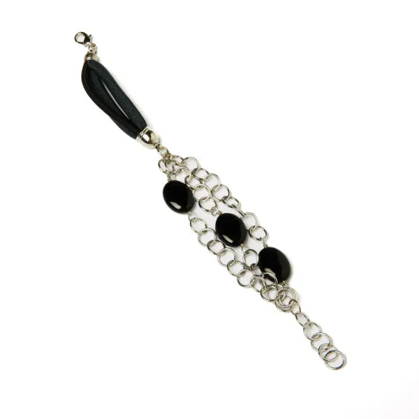 Bracciale multifilo in cotone, con catena in metallo ed Agata Nera