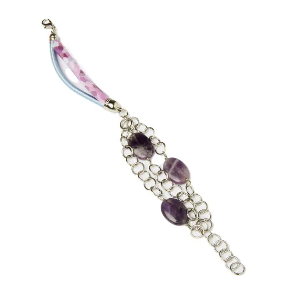 Bracciale multifilo in cotone, con catena in metallo ed Ametista