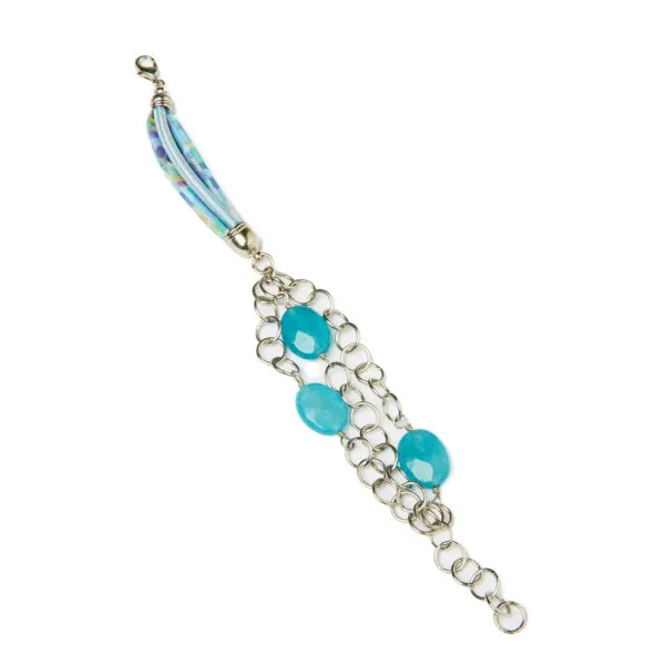 Bracciale multifilo in cotone, con catena in metallo e Quarzo Azzurro