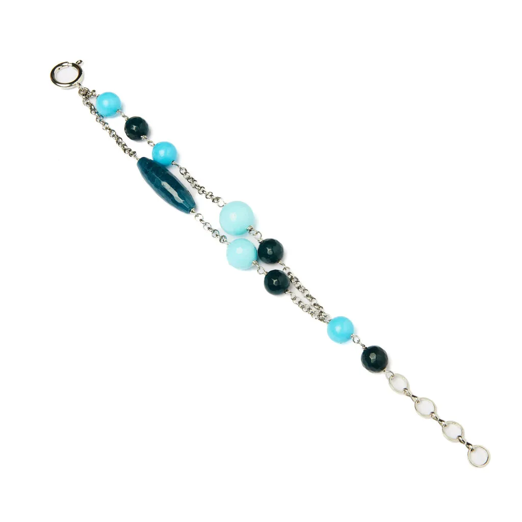 Tweedraads metalen armband met blauwe agaat, kwarts en turkooispasta