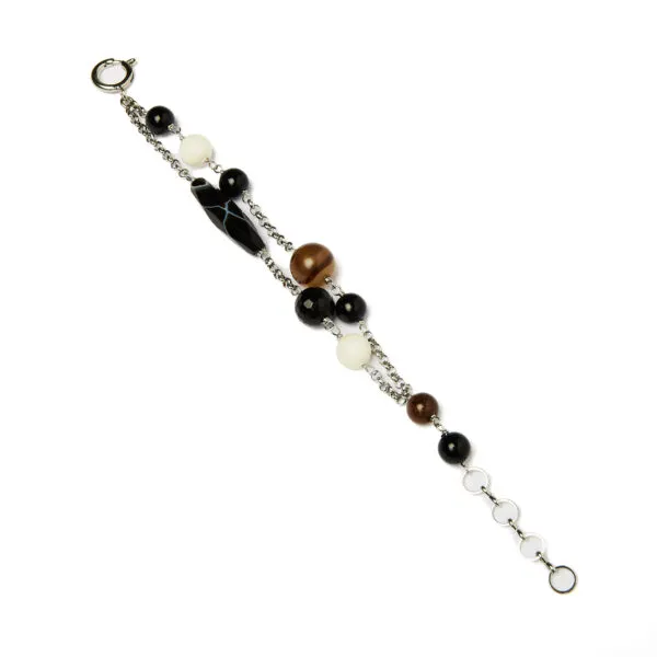 Bracciale a due fili in metallo con Agata Bianca, Marrone e Nera