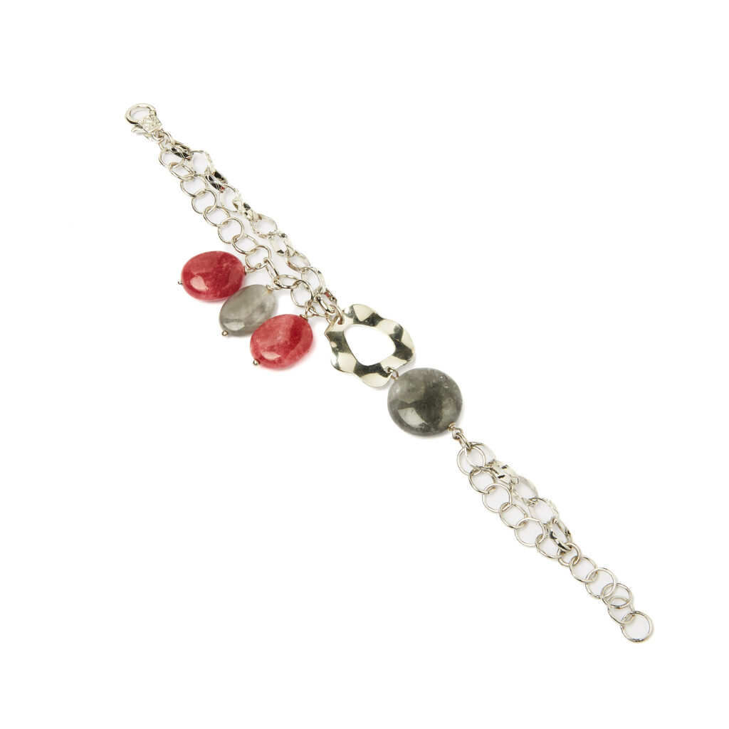 Bracciale con Charms in Quarzo Grigio e Quarzo Ciliegia, con elementi in metallo
