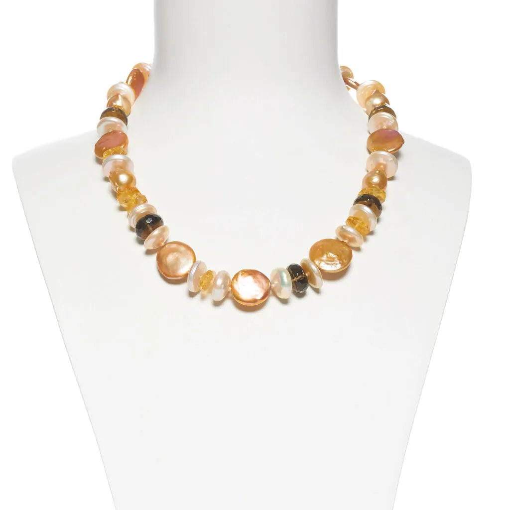 Ketting in Rookkwarts, Citrien en Platte Parels