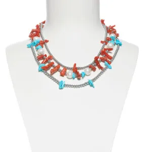 Girocollo a tre fili in Corallo, Turchese ed Ematite