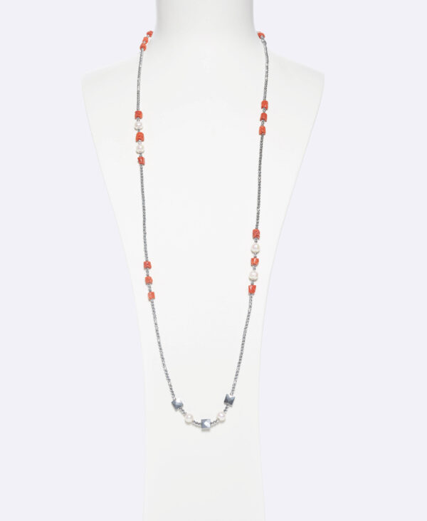 Collana lunga in Perle e Corallo, con Ematite